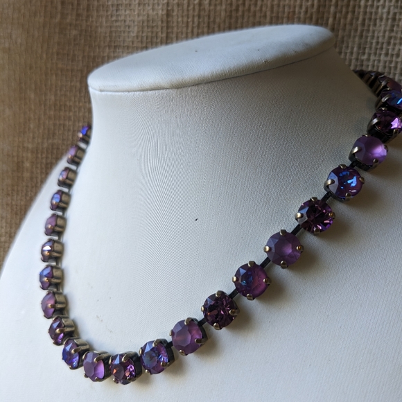 Purple Iris and Burgundy Austrian Crystals Necklace & Earrings in Brass - Picture 2 of 7